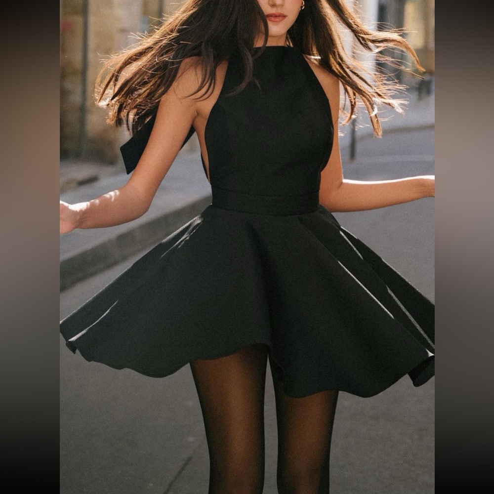 Black Open Back Large Bow Flared Mini Dress